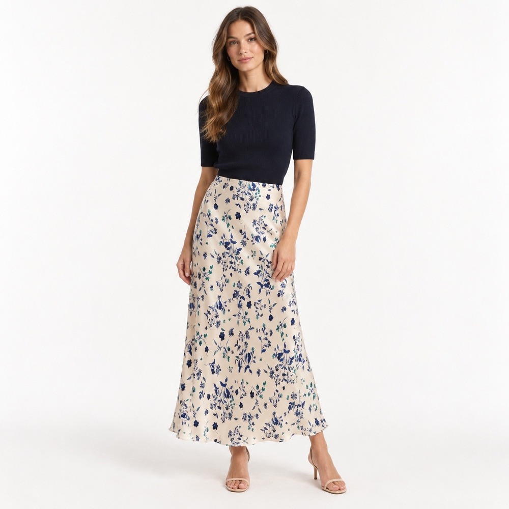Favorite Daughter The Favorite Skirt Women S Cream Blue Floral Bias Cut Maxi
